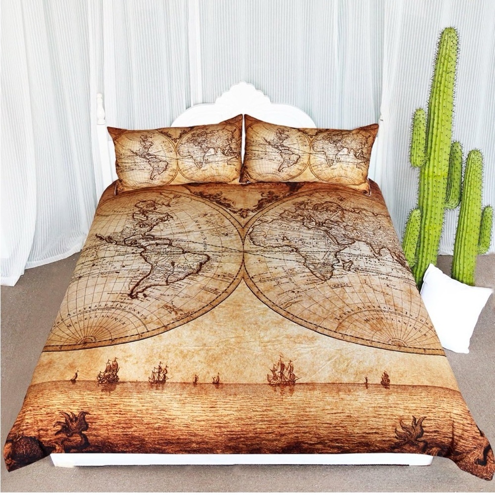 Brown Map Print Duvet Cover Set